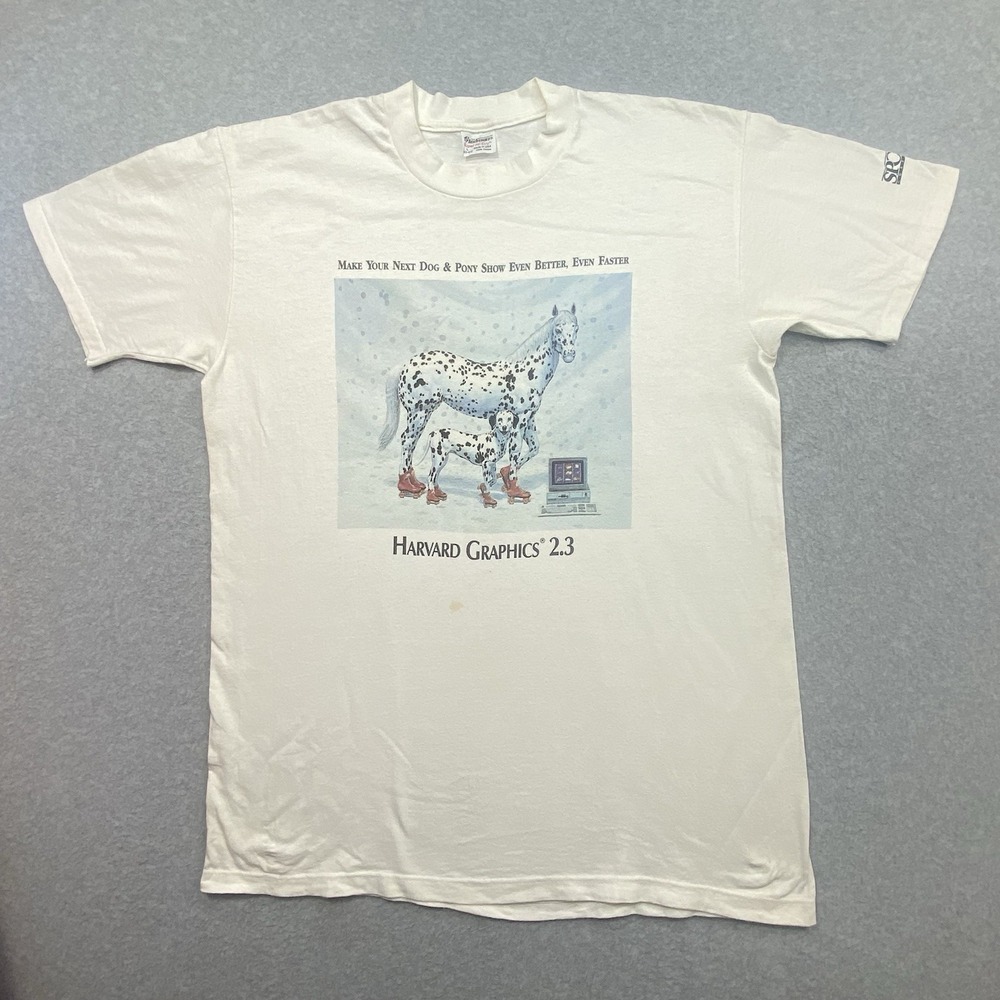Vintage Stedman White T-Shirt Men's Size L Harvard Graphics Distressed
